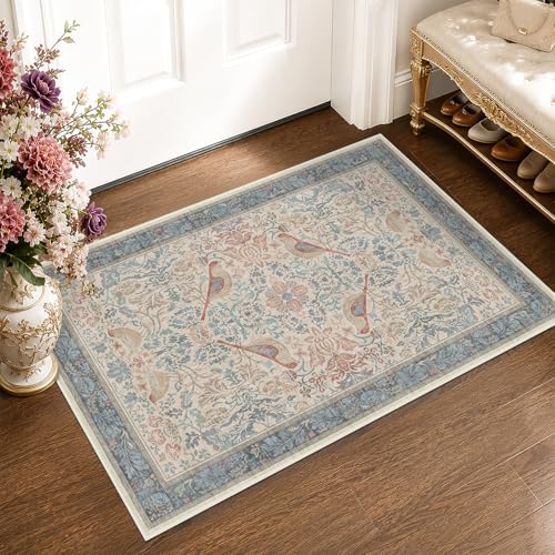 Washable Red Blue 2x3 Entry Rug Front Door Indoor, Boho Cottagecore Kitchen Floor Rug, Non-Slip & Stain Resistant, Vintage Elegant Farmhouse Floral Décor - color: Blue & Red, size: 2' x 3' (Rectangular)