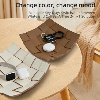 Valet Tray PU Leather Key Bowl for Men Women Entryway Table Nightstand Catchall EDC Dump Tray for Wallet, Keys, Jewelry Men's Gift - Coffee & White, 9.8" L x 9.8" W x 2" H - color: Coffee + White