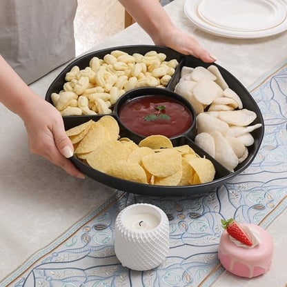 Chip & Dip Serving Tray Set, 4 Sectional Round Melamine Serving Platter, Relish Tray, Round Compartment Appetizer platter for Veggies, Candy and Snacks, Matte Black, Set of 2 - color: Black Rround Divided Tray