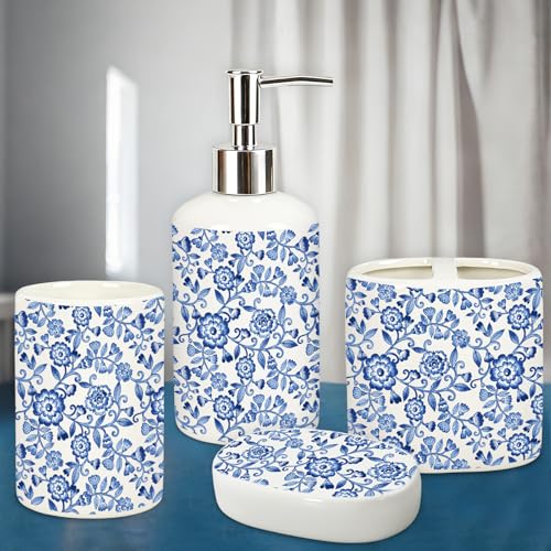 JarThenaAMCS 4Pcs Blue Floral Bathroom Accessories Vintage Chinoiserie Flower Ceramic Liquid Dispenser Toothbrush Holder Tumbler Soap Dish for Home Party Favors Supplies