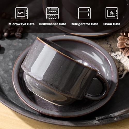 JIEMEI HOME Porcelain Stackable Cappuccino Cups with Saucers and Metal Stand, 7 Ounce Espresso Cups for Latte Coffee Cafe, Specialty Coffee Drinks, Cappuccino and Tea - Set of 4, Purple-Gray - color: Purple-Gray