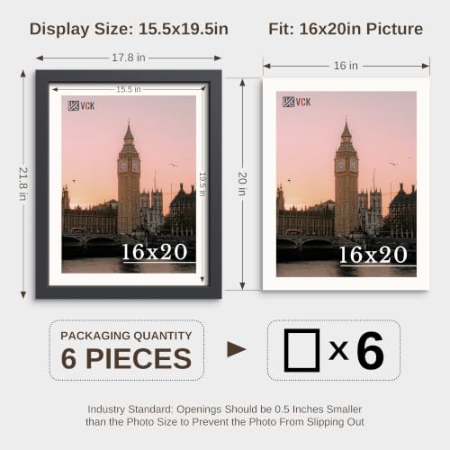 VCK 16x20 Picture Frames Black - 6 Pack, Wide Border Wood Poster Frame, Multi-Directional Display Family Photos, Office Prints, Studio/Gallery, Wall Hanging - color: Black, size: 16 x 20