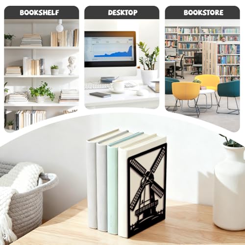 5.3"x4.3"x7.9" Metal Bookends, Heavy Duty Book Ends for Shelves | Dutch Windmill and Fence Theme Cast Iron Book Supports, 1 Pair Decor Stoppers for Desk, Library, Office & Home Shelves - style: Dutch Windmill and Fence