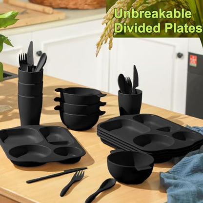 Honoson 24 Pcs Wheat Straw Dinnerware Cutlery Set, Service for 4, Unbreakable Plates and Bowls Set - Divided Plates, Bowls, Spoons, Forks & Knives, Microwave & Dishwasher Safe(Black) - color: Black