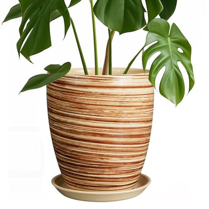 8 Inch Plant Pot, Ceramic Planter with Drainage Hole and Saucer Large Flower Pot for Home Patio Garden Office, Yellow - color: Glossy Yellow-coil, size: 8 Inch