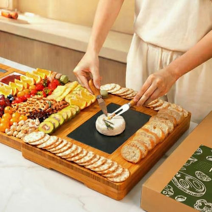 Extra Large Bamboo Charcuterie Board, 3-Layer Pull-Out Trays, Brown | 33.7"x15.7" 3-Layer Pull-Out Cheese Board with Slate Plate, Knife Set, Bowls, Ideal for Home Parties and Housewarming Gifts - color: Carbonized Bamboo