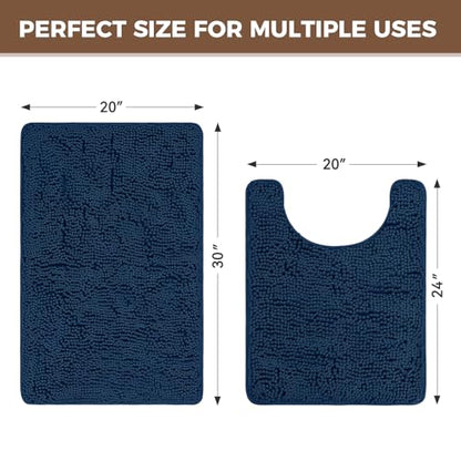 Bcoimo U Shaped Bath Rug Mat Set,2 Piece Chenille Navy Toilet Bathroom Rugs | Extra Soft Bathroom mat set;Non Slip with Rubber Back Bath Mats;High Absorbent And Quick Dry Microfiber mat; Machine Washable - color: Navy, size: U24×20 Plus 30×20