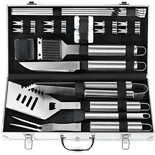 POLIGO 22PCS Heavy Duty BBQ Grill Accessories Set, Non-Slip Grill Tools for Outdoor Grill Set Stainless Steel Grill Utensils Set, Deluxe Grilling Tools Set in Aluminum Case Ideal Gifts for Men Silver - color: Silver