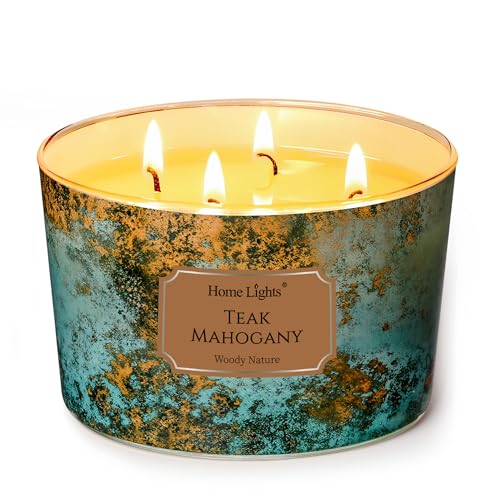 HomeLights Large jar Candle | 4-Wick Long-Lasting Scented Candles, 18oz Natural Soy Wax Candle for Home Scented, Industrial Chic Gifts for Women & Men, Teak Mahogany - color: Teak Mahogany, size: 18oz 4-wick
