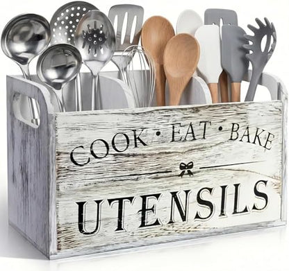 Rustic White Wooden Utensil Holder for Kitchen Counter Decor,Extra Large Kitchen Utensil Holder Silverware Caddy Farmhouse Wood Cutlery Holder Cooking Utensil Stand Storage kitchen Tools Holder