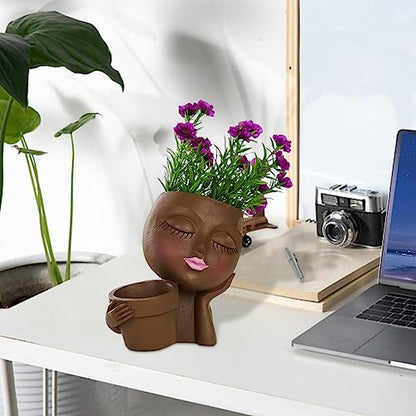 Face Planter Pot, Lady Head Planter with Drainage Holes, Brown | Dual-compartment lady head planter with drainage holes for succulents, cactus, and air plants - color: Brown