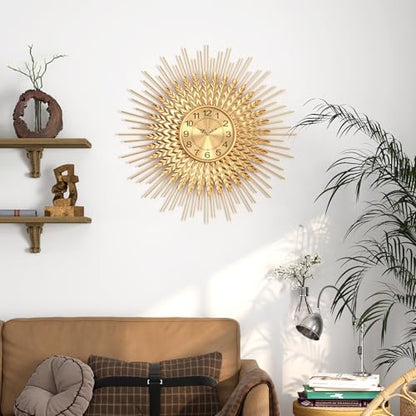 Large Mid Century Gold Wall Clock Decorative Modern Sunburst Wall Clocks, Metal Big Silent Non-Ticking Clock, Luxury Home Gift Decor for Living Room, Bedroom, Dining Room, 24 inch - size: 3. Gold-Wheat(Dismountable-60cm)