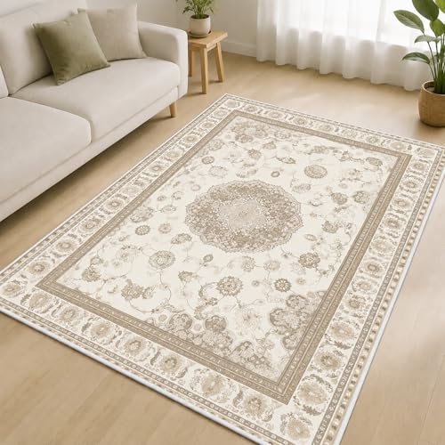 Boho Beige Area Rug 3x5 Soft Machine Washable Neutral Vintage Area Rug with Non-Slip Backing Low Pile Throw Rugs for Entryway, Living Room, Kitchen, Kis Room, Office, Bedroom, Laundry Mat Carpet Decor - color: Beige, size: 3' x 5' (Rectangular)