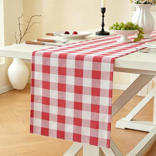 Laolitou Red Checkered Table Runner, Cotton Linen Gingham Table Runners, Classic Buffalo Plaid Farmhouse Table Decor, 13x90 Inches - color: Red, size: 90" x 13" (Rectangular)