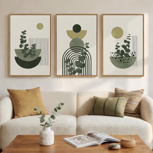 Framed Boho Botanical Wall Art for Living Room, 3 Piece Modern Green Bohemian Canvas Paintings Prints, Abstract Geometric Eucalyptus Leaf Pictures for Bedroom Dining Room Office Wall Decor, 16x24 Inch - color: Green A, size: 16" W x 24" H x 3Pcs