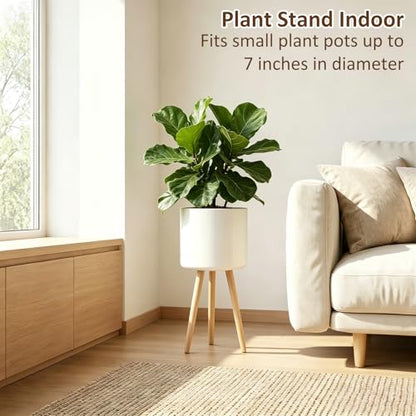 Plant Stand for Indoor Plants, Metal Planter Stand with Wooden Legs, White Flower Plant Pot Holder for Living Room, Office, Bedroom, Modern Home Decor