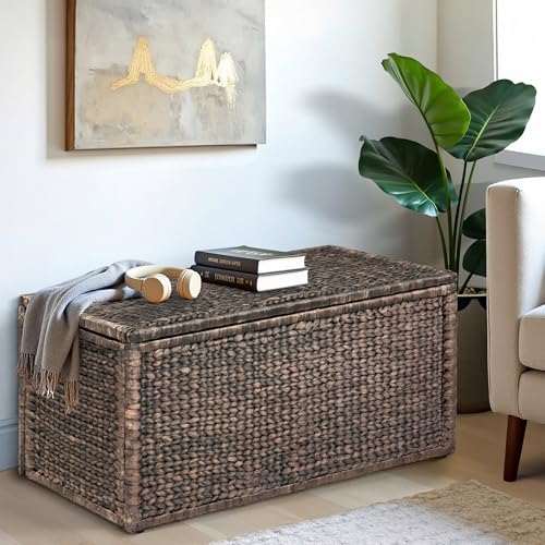 Wicker Storage Trunk, Brown Wash, 42x20x18.5 | 2 Safety Hinges, Metal Frame, Heavy-duty, Water Hyacinth - color: Brown Wash, size: 42" x 20"