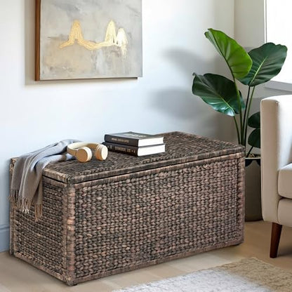 Wicker Storage Trunk, Brown Wash, 42x20x18.5 | 2 Safety Hinges, Metal Frame, Heavy-duty, Water Hyacinth - color: Brown Wash, size: 42" x 20"
