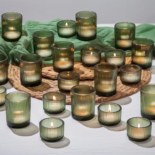 Glasseam Glass Tealight Candle Holders 24 Green Ribbed Votive for Christmas | Table Centerpiece, Fluted Thick Glass, Small Tea Lights, Wedding Decor, Party, Thanksgiving, Home, Dinner, - color: Dark Green