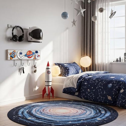 Space Themed Wooden Coat Rack with 4 Hooks, Rocket Astronaut Planet Moon Wall Mounted Hangers, Cute Cosmic Decorative Hook Rack for Room Entryway Playroom, Holds Hats Keys Towels Bags - style: Space