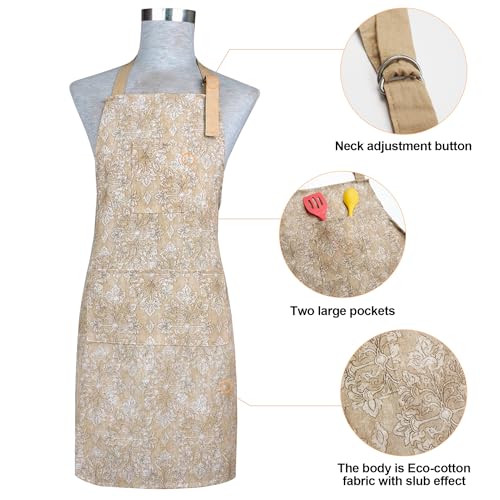 Oven Mitts and Pot Holders with Cooking Apron Set of 5, Heat Resistant Kitchen Gloves and Silicone Non-Slip Potholders, Adjustable Neck Buckle Chef Apron, Cotton Nice Design for Cooking (Tawny) - color: Tawny