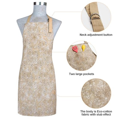 Oven Mitts and Pot Holders with Cooking Apron Set of 5, Heat Resistant Kitchen Gloves and Silicone Non-Slip Potholders, Adjustable Neck Buckle Chef Apron, Cotton Nice Design for Cooking (Tawny) - color: Tawny