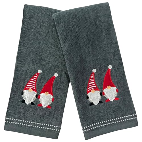 Christmas Gnomes Towel Set: Dark Grey Hand Towels with Red White Embroidery Jolly Nordic Gnome, Set of 2 - color: Holiday Gnomes