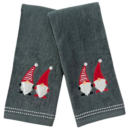 Christmas Gnomes Towel Set: Dark Grey Hand Towels with Red White Embroidery Jolly Nordic Gnome, Set of 2 - color: Holiday Gnomes