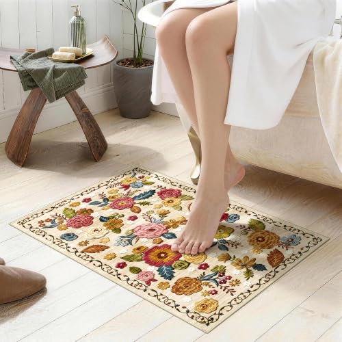 Washable Non-Slip Small Area Rug 16x24, Also a Door Mat or Pet Feeding Mat | Soft Low-Pile Faux Wool Carpet for Entryway, Bathroom, Bedroom, Kitchen, Kid & Pet Friendly, Stain, Fade & Wear Resistant - color: Beige, Cream, Mustard, Brick Red and Blue, size