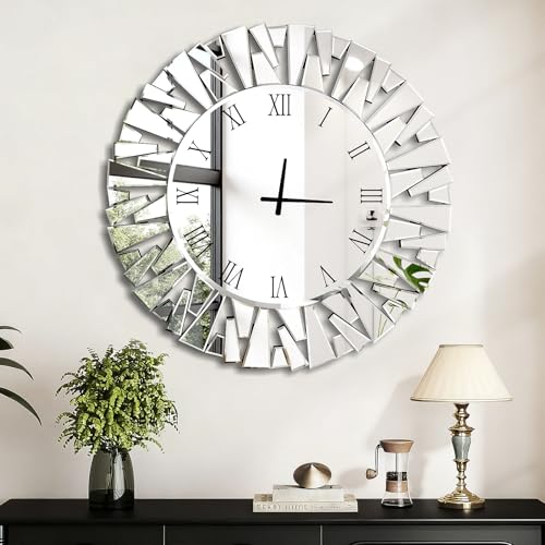 Wall Clock, Round Silver Mirror Silent 32 Inch Large Wall Clock, Modern Glass Wall Decor, Clock Battery Operated, Suitable for Living Room, Home, Kitchen, Office