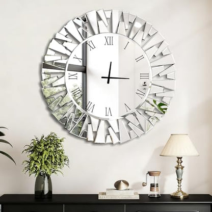 Wall Clock, Round Silver Mirror Silent 32 Inch Large Wall Clock, Modern Glass Wall Decor, Clock Battery Operated, Suitable for Living Room, Home, Kitchen, Office