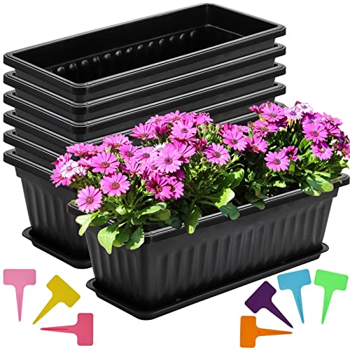 Fasmov 7 Pack 17 Inches Flower Window Box Plastic Vegetable Planters with Trays Vegetables Growing Container Garden Flower Plant Pot with 7 Pcs Plant Labels for Balcony, Patio, Garden, Black - color: 7pack,black