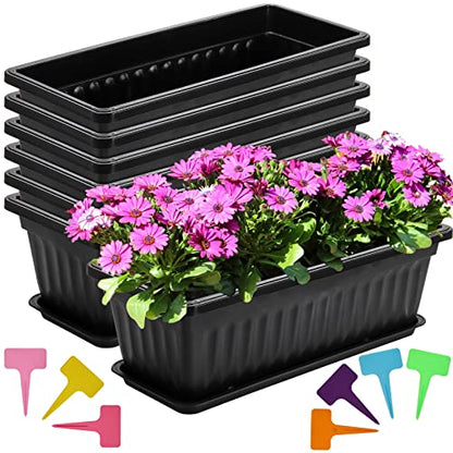 Fasmov 7 Pack 17 Inches Flower Window Box Plastic Vegetable Planters with Trays Vegetables Growing Container Garden Flower Plant Pot with 7 Pcs Plant Labels for Balcony, Patio, Garden, Black - color: 7pack,black