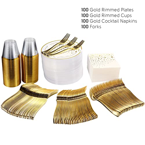 Gold Dessert Plates Set, 100 Wedding Plates Forks Cups and Napkins, 7.5 In | Sturdy plastic, cake service, appetizer tables, salad course, weddings, birthdays, easy cleanup - color: Gold, style: Plates,Forks,Napkins and Cups