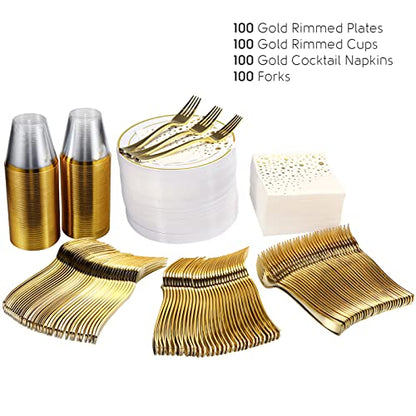 Gold Dessert Plates Set, 100 Wedding Plates Forks Cups and Napkins, 7.5 In | Sturdy plastic, cake service, appetizer tables, salad course, weddings, birthdays, easy cleanup - color: Gold, style: Plates,Forks,Napkins and Cups