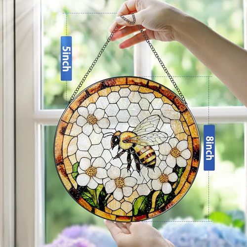 Bee Wildflowers Stained Glass Suncatcher, Stained Glass Window Hanging, 8 Inch Honey Bee Suncatcher, Honeybee Gifts for Garden Lovers, Gifts for Mother's Day, Teacher Gift, Grandma Gift - color: Bee