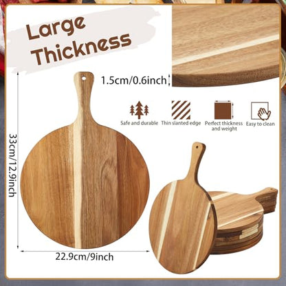 Sliner 6 Pcs Acacia Wood Round Cutting Board Pizza Paddle,9 X 13 Inch | 0.6" Thick Wood Boards with Handle, Charcuterie Serving for Cheese Meat Fruit Party, Chopping Paddle Kitchen Bulk Gift - size: 9 x 13 Inch