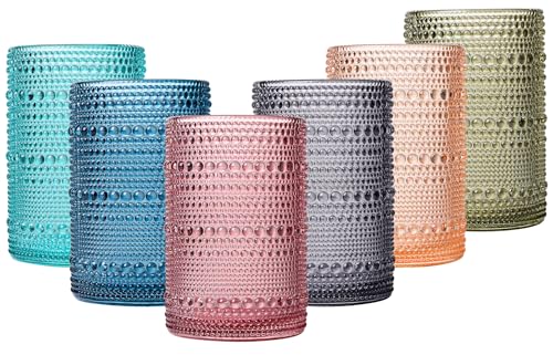 JOVGANK Colored Vintage Hobnail Drinking Glasses Set of 6, Water Tumbler 15oz, Kitchen & Bar Beaded Highball Glasses, Beverage Glass Cups for Water, Beer, Juice, Housewarming and Mother's Day Gift - color: Mixed Color, size: 15 oz