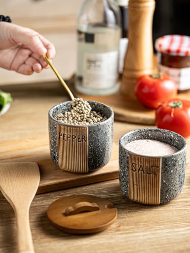 Salt and Pepper Containers for Countertop, Ceramic Salt Pepper Bowls | 10 OZ Salt Cellar with Wooden Lid and Spoons, Farmhouse Salt and Pepper Set of 2, Marble Design, Easy Access, Gray - color: Gray, size: Set of 2