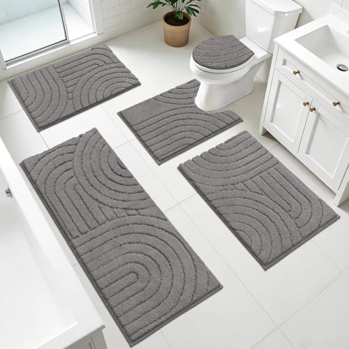 Pauwer Bathroom Rugs Sets 5 Piece, Absorbent Non Slip Bath Mat Set, Grey | Machine Washable, Microfiber Plush, Quick Dry Runner, U Shaped Contour Toilet Rugs, Shower Mats and Toilet Lid Cover - color: Grey