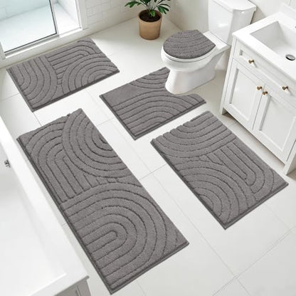 Pauwer Bathroom Rugs Sets 5 Piece, Absorbent Non Slip Bath Mat Set, Grey | Machine Washable, Microfiber Plush, Quick Dry Runner, U Shaped Contour Toilet Rugs, Shower Mats and Toilet Lid Cover - color: Grey