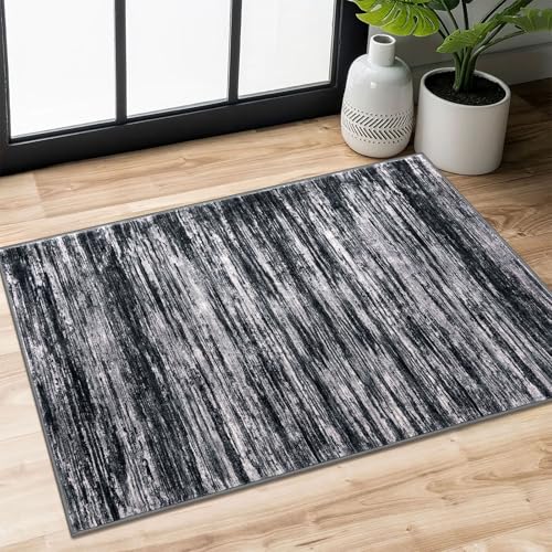 SIILOOM 2x3 Small Washable Area Rug Entryway Door Mat Indoor Kitchen Runner | Black/White Soft Modern Abstract Non Slip Carpet for Entryway Kictchen Front Backdoor Hallway Bedside Bedroom - color: Black/White, size: 2' x 3' (Rectangular)