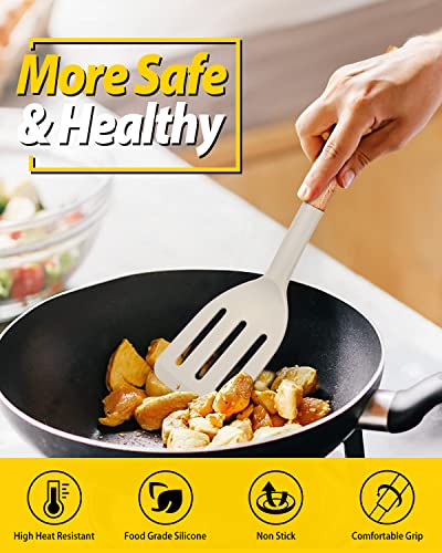 Pack of 2 Silicone Cooking Spatula, Heat Resistant Solid Turner, Non Stick Slotted Spatulas with Wooden Short Handle,Ideal Wood Kitchen Utensils Set for Frying, Baking, Flipping, Turning - color: Khaki