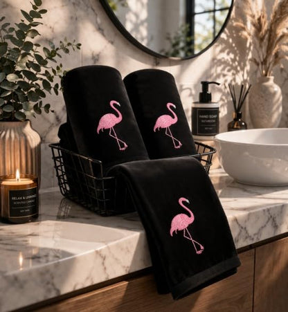 3-Pack Flamingo Fingertip Kitchen Towels, Deluxe Premium Terry Velour Hand Towels, 100% Cotton, Quick Drying and Highly Absorbent, Ultra Soft Bath Towels Set (Black) - color: Flamingo Black