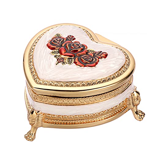 Hipiwe Heart Shape Metal Jewelry Box Antique Trinket Box Carved Red Rose | Vintage Ring Holder Christmas Gift for Women, Necklace Earrings Storage Keepsake Boxes Treasure Chest Case - color: Red, size: Small