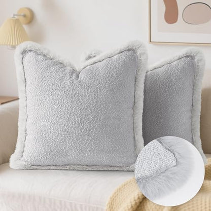 Decorative Luxury Boucle Throw Pillow Covers with Faux Fur 18x18, Set of 2, Modern Plush Pillow Case, Boho Farmhouse Cushion Case for Bed Couch Sofa, Light Gray (Covers Only) - size: 18" x 18" (Pack of 2)