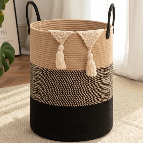 OIAHOMY Large Laundry Basket Hamper - 80L Cotton Rope Woven Basket for Blankets, Toys, Clothes - Tall Decorative Nursery Hamper with Long Handles, Yellow/Black - color: Yellow/Black, size: 80L
