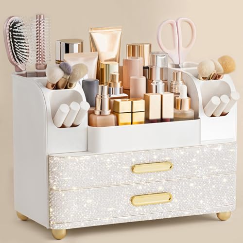 HBlife Makeup Organizer for Vanity with Brush Holder, Large Bathroom Countertop Cosmetic Organizer Skin Care Storage, Easy to Store Nail Polishes, Perfumes, Eyeshadow Palettes, Pearl All White - color: Pearl All White