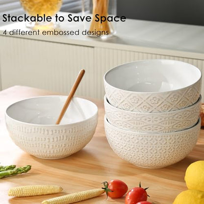 24 OZ Large Soup Bowls Set of 4, Farmhouse Embossment Ceramic Cereal Bowls for Salad, Serving, Fruit, Snack, Noodle, Ramen, Pho, Microwave & Dishwasher Safe, 6 Inch White - size: 6 INCH