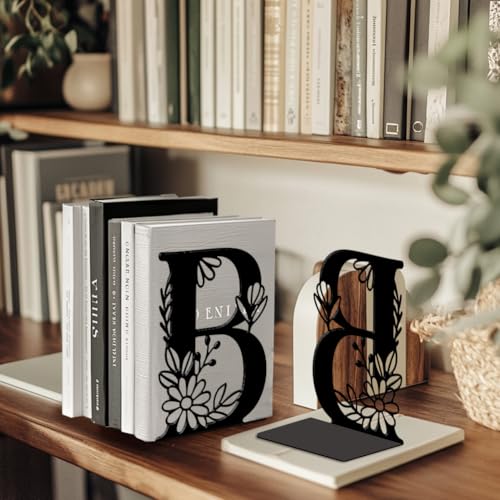 5.3"x4.3"x7.1" Metal Bookends, Heavy Duty Book Ends for Shelves | Letter B with Flower Theme Cast Iron Book Supports, 1 Pair Decor Stoppers for Desk, Library, Office & Home Shelves - style: Letter B with Flower